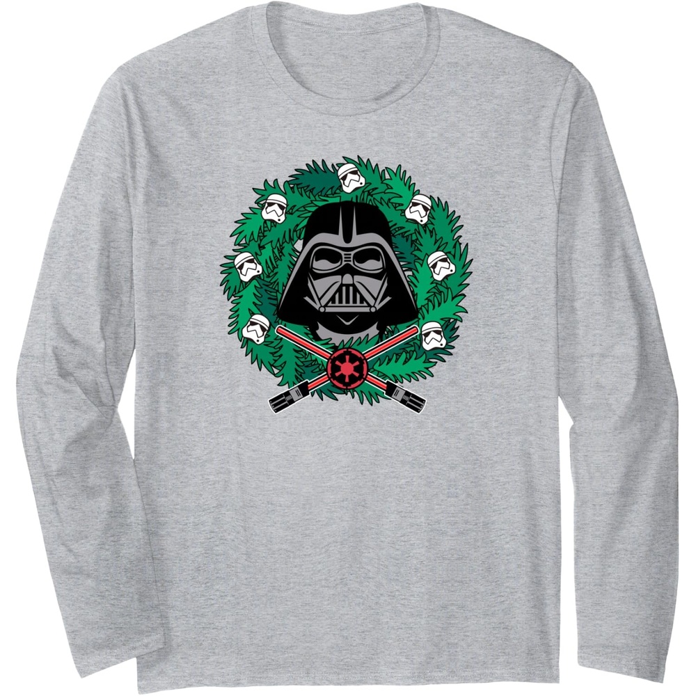 image:imageAmazon Essentials Star Wars Darth Vader Helmet Holiday Christmas Wreath Long Sleeve TShirtHeather Grey
