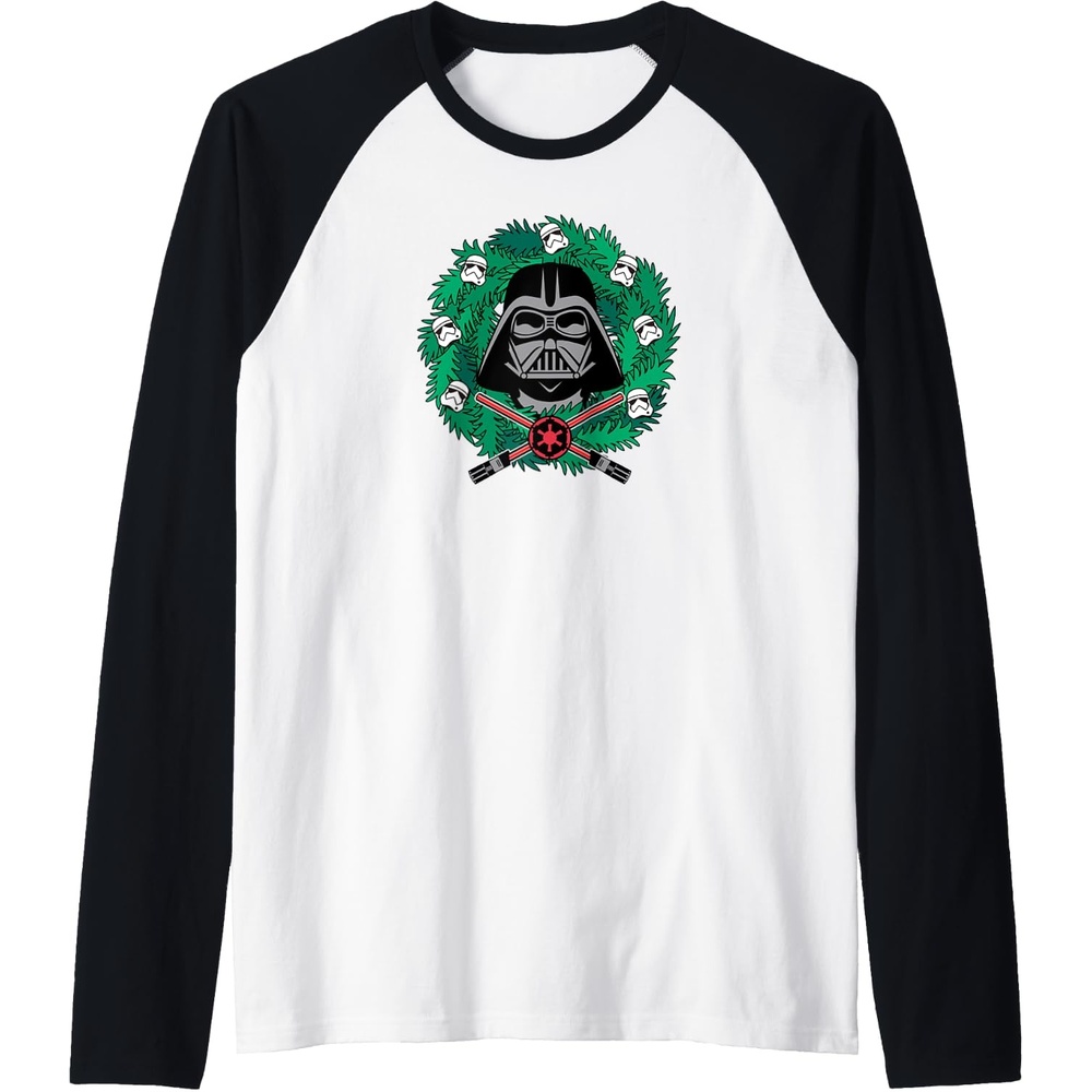 image:imageAmazon Essentials Star Wars Darth Vader Helmet Holiday Christmas Wreath Raglan Baseball TeeBlackWhite