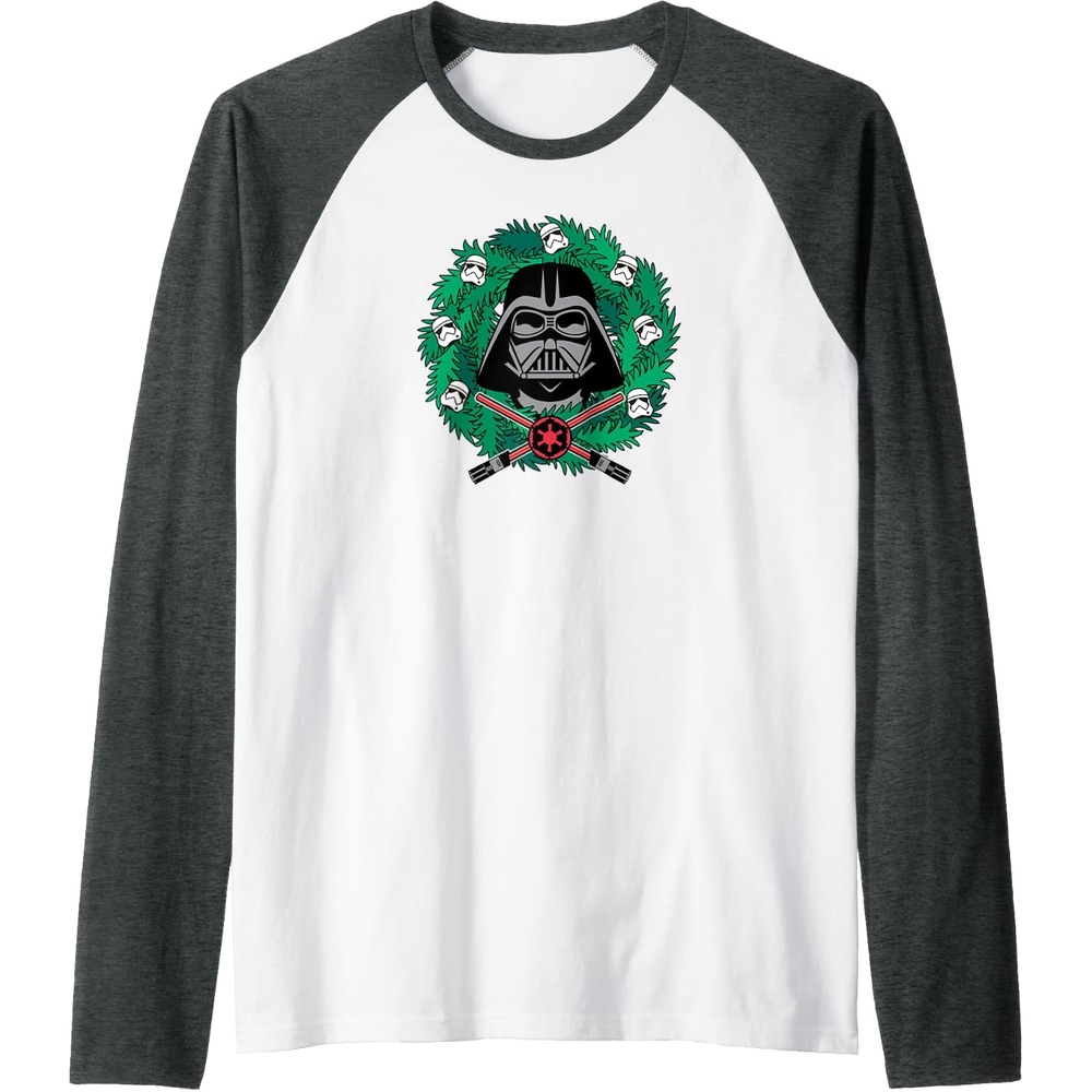 image:imageAmazon Essentials Star Wars Darth Vader Helmet Holiday Christmas Wreath Raglan Baseball TeeDark Heather GreyWhite