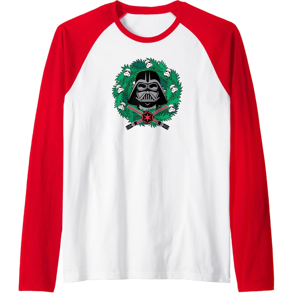 image:imageAmazon Essentials Star Wars Darth Vader Helmet Holiday Christmas Wreath Raglan Baseball TeeRedWhite