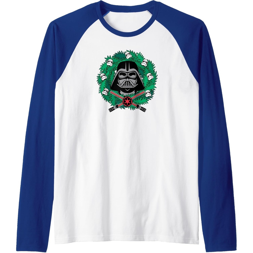 image:imageAmazon Essentials Star Wars Darth Vader Helmet Holiday Christmas Wreath Raglan Baseball TeeRoyal BlueWhite
