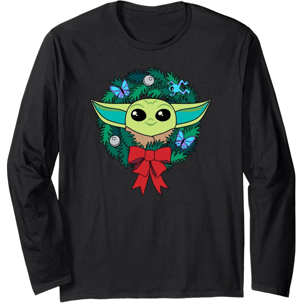 image:imageAmazon Essentials The Mandalorian Grogu Holiday Christmas Wreath Long Sleeve TShirtBlack