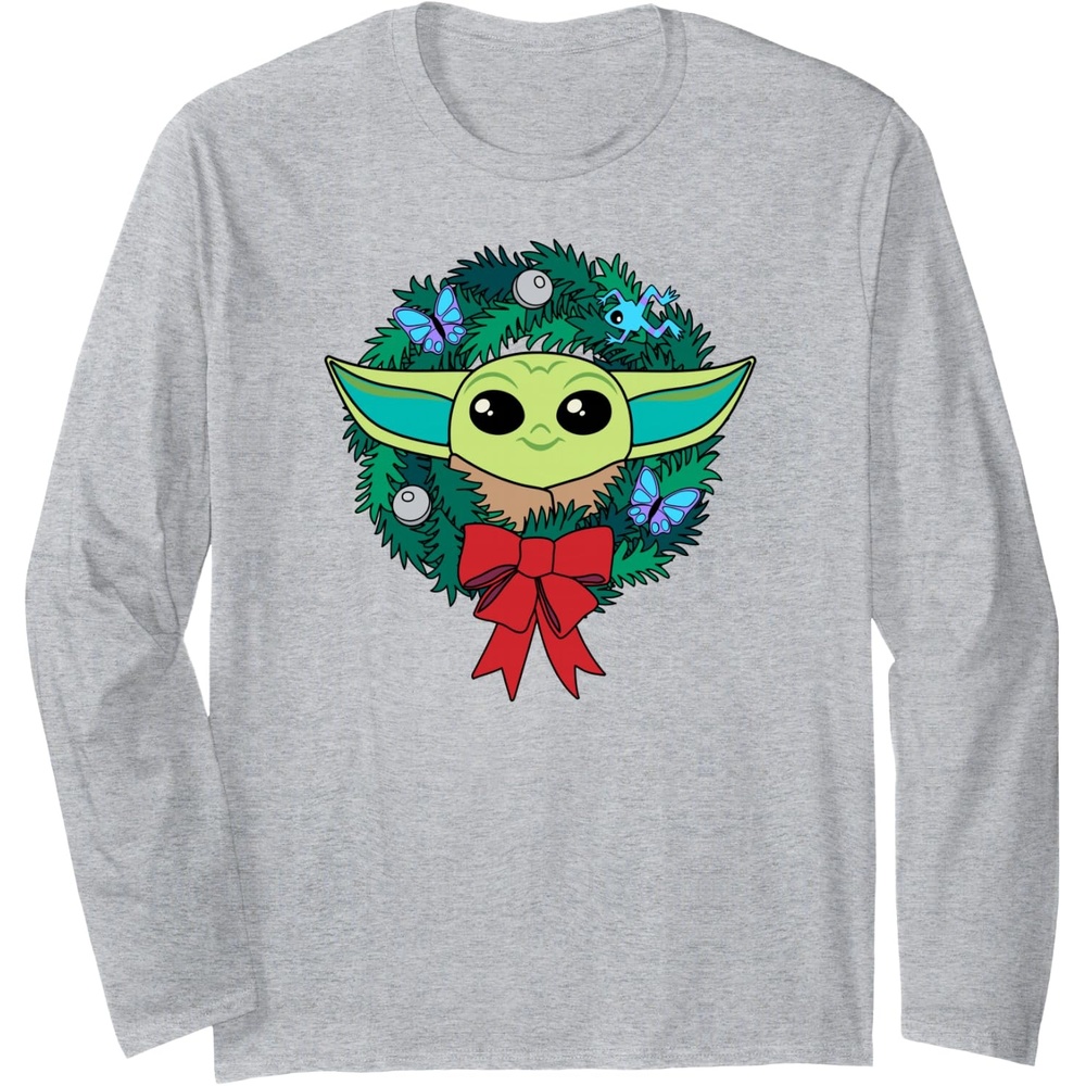image:imageAmazon Essentials The Mandalorian Grogu Holiday Christmas Wreath Long Sleeve TShirtHeather Grey