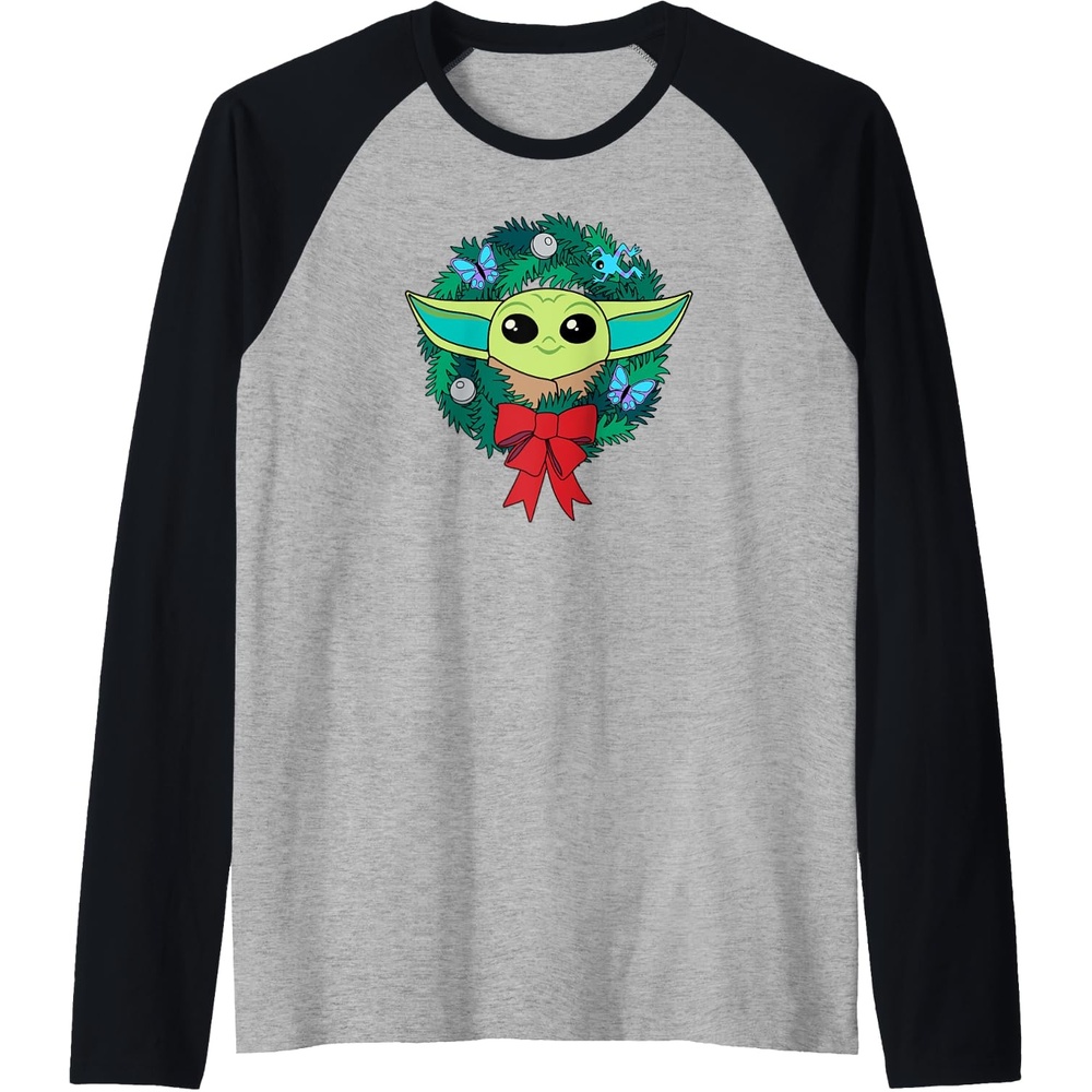 image:imageAmazon Essentials The Mandalorian Grogu Holiday Christmas Wreath Raglan Baseball TeeBlackAthletic Heather