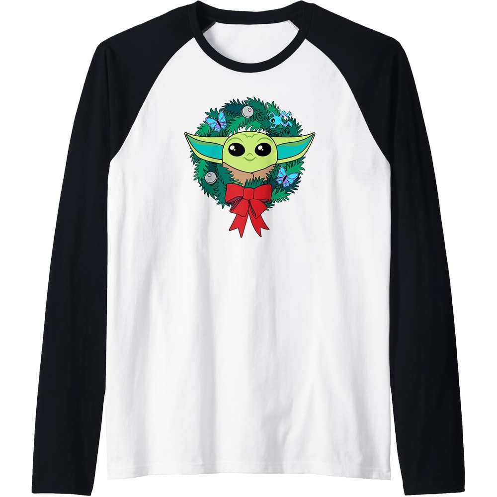 image:imageAmazon Essentials The Mandalorian Grogu Holiday Christmas Wreath Raglan Baseball TeeBlackWhite