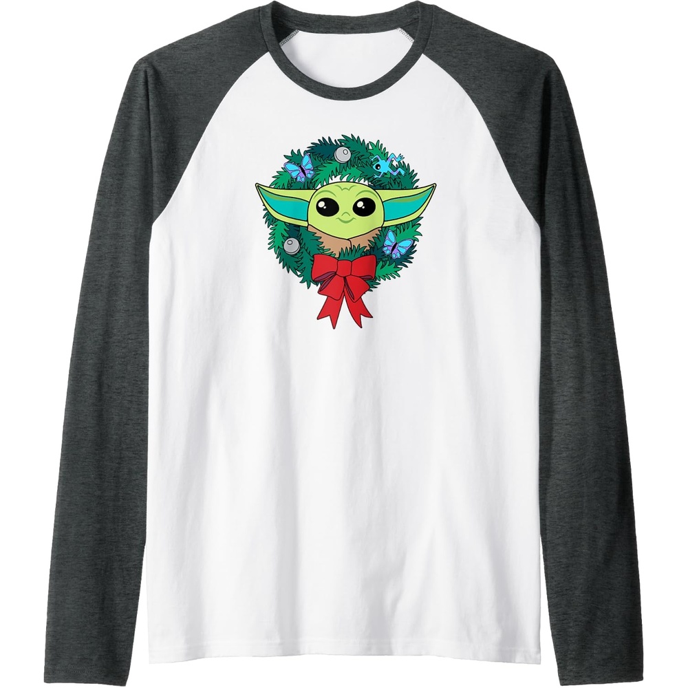image:imageAmazon Essentials The Mandalorian Grogu Holiday Christmas Wreath Raglan Baseball TeeDark Heather GreyWhite