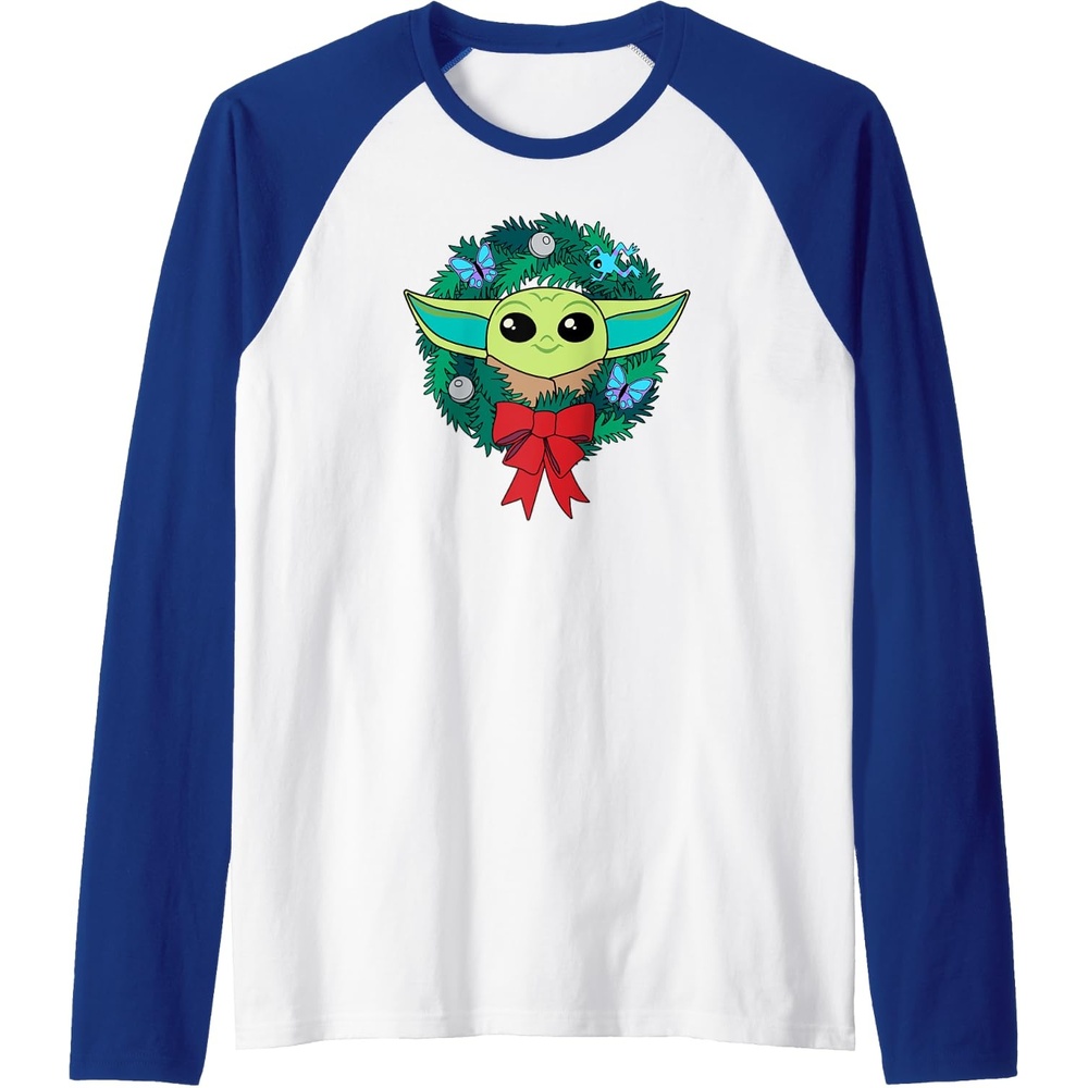 image:imageAmazon Essentials The Mandalorian Grogu Holiday Christmas Wreath Raglan Baseball TeeRoyal BlueWhite
