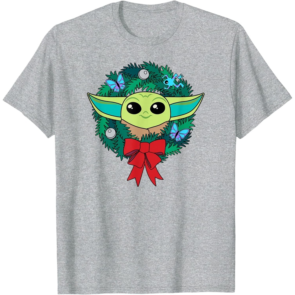 image:imageAmazon Essentials The Mandalorian Grogu Holiday Christmas Wreath TShirtHeather Grey