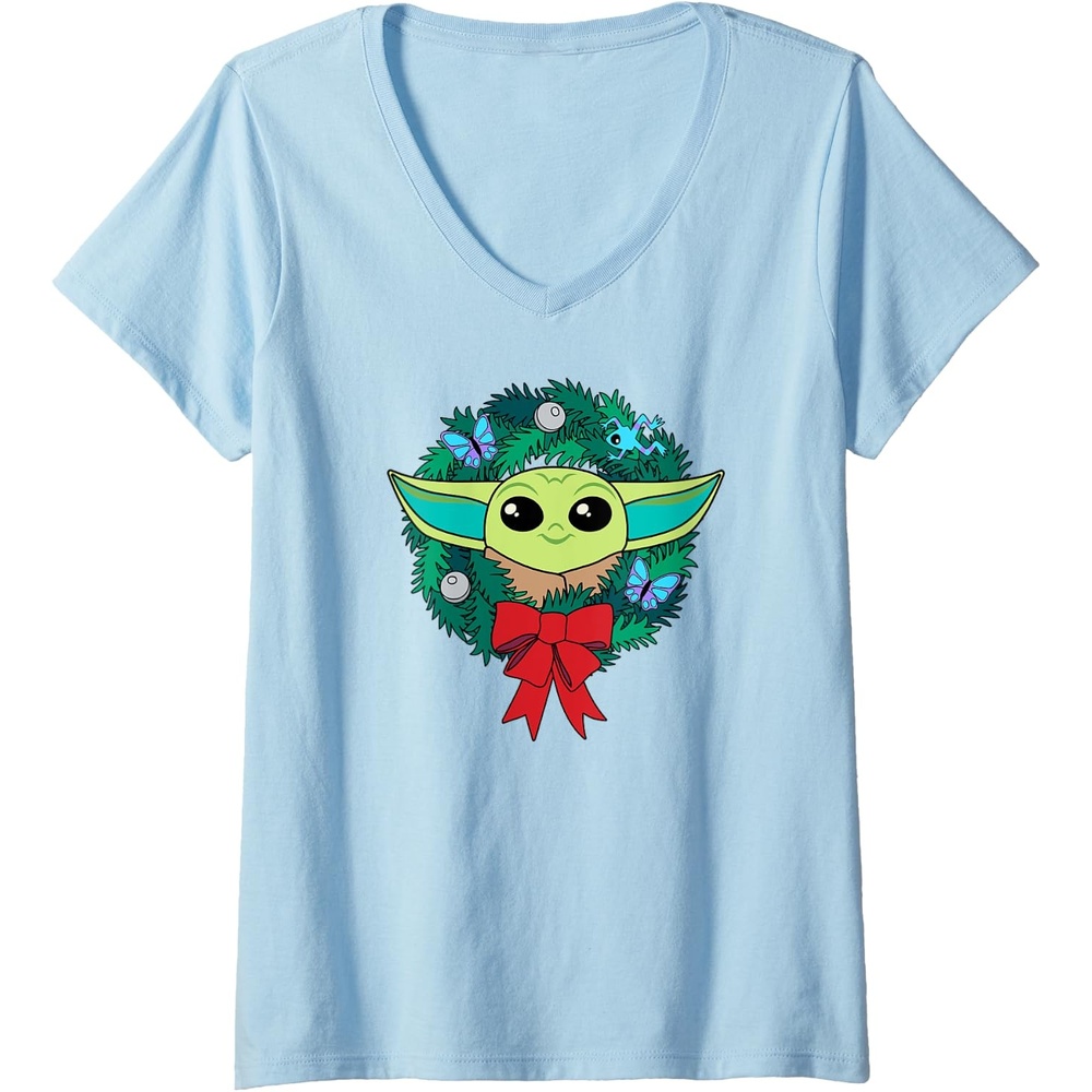 image:imageAmazon Essentials The Mandalorian Grogu Holiday Christmas Wreath VNeck TShirtBaby Blue
