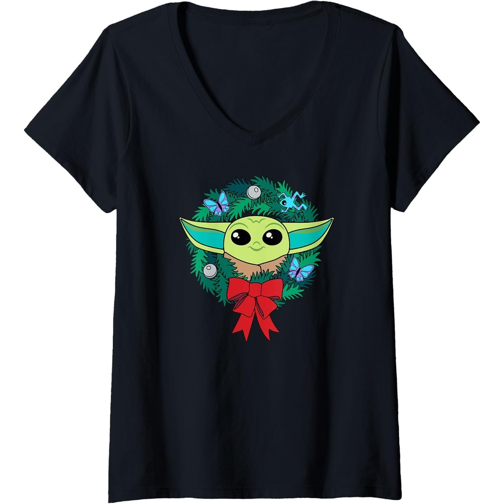 image:imageAmazon Essentials The Mandalorian Grogu Holiday Christmas Wreath VNeck TShirtBlack