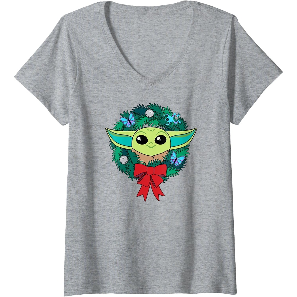 image:imageAmazon Essentials The Mandalorian Grogu Holiday Christmas Wreath VNeck TShirtHeather Grey