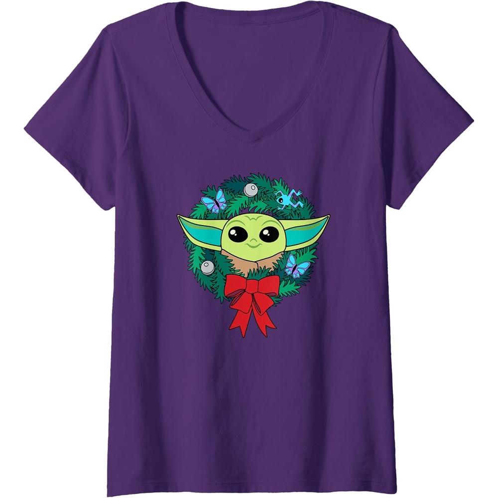 image:imageAmazon Essentials The Mandalorian Grogu Holiday Christmas Wreath VNeck TShirtPurple