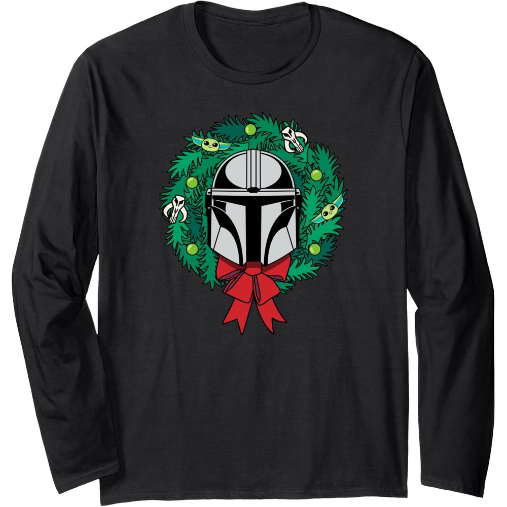 image:imageAmazon Essentials The Mandalorian Helmet Holiday Christmas Wreath Long Sleeve TShirtBlack