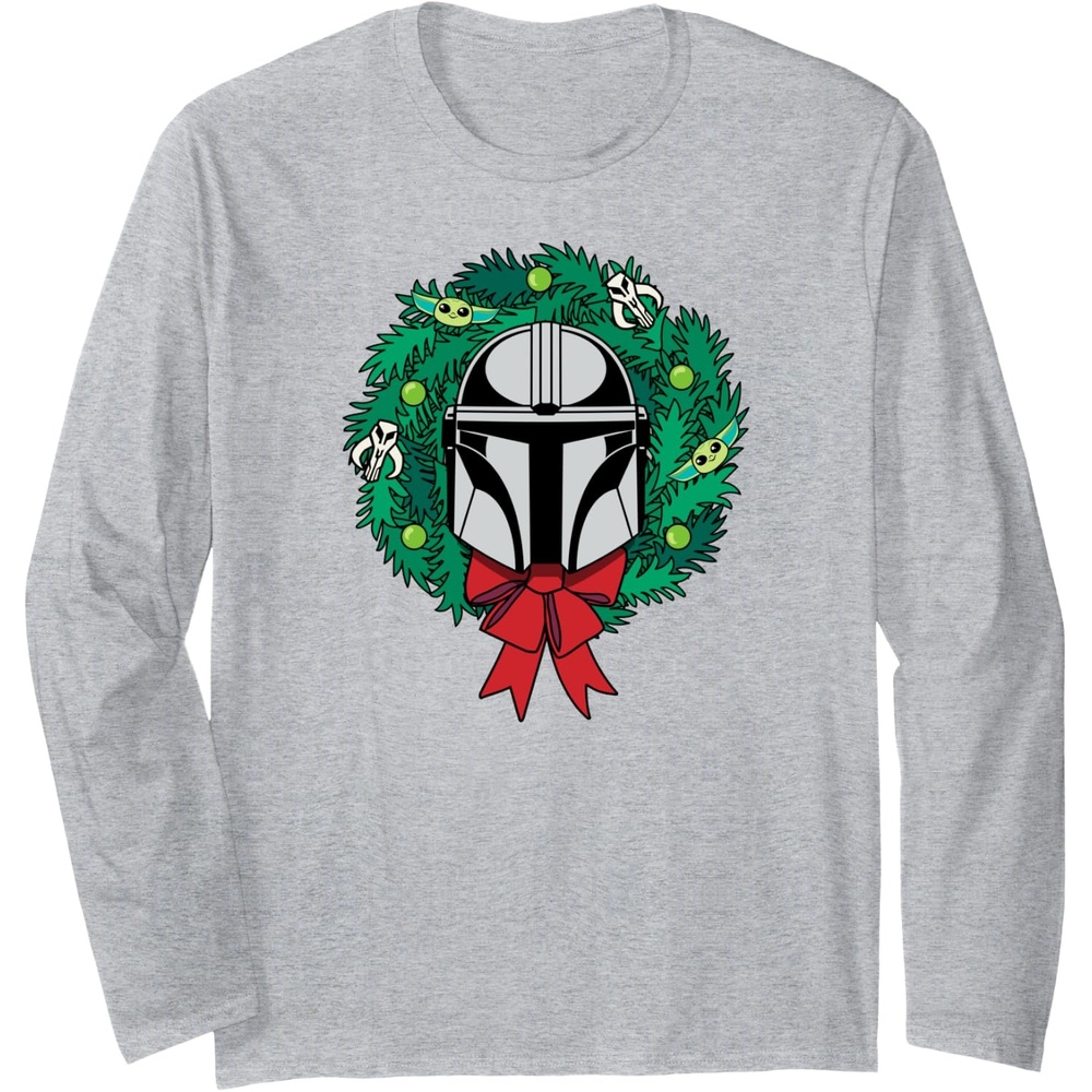 image:imageAmazon Essentials The Mandalorian Helmet Holiday Christmas Wreath Long Sleeve TShirtHeather Grey