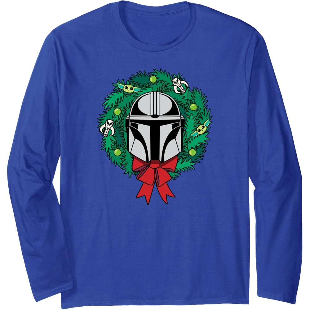 image:imageAmazon Essentials The Mandalorian Helmet Holiday Christmas Wreath Long Sleeve TShirtRoyal Blue
