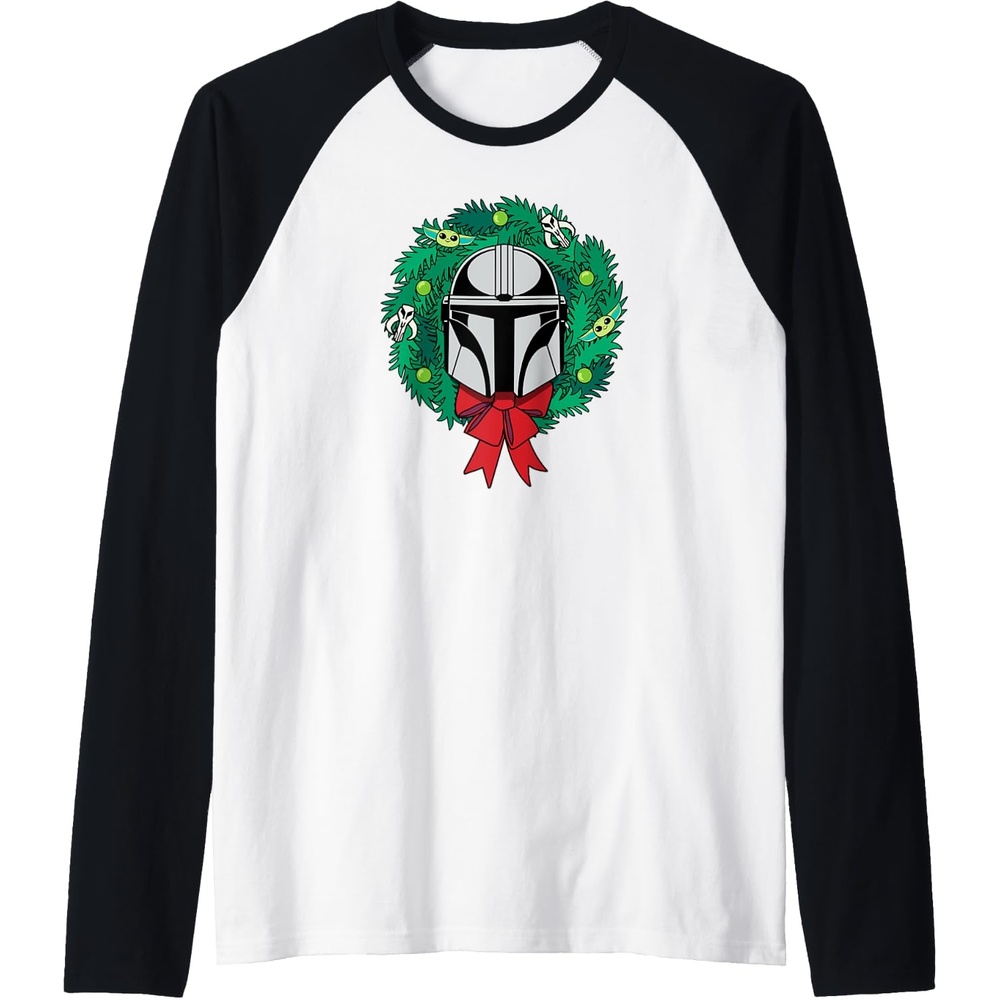 image:imageAmazon Essentials The Mandalorian Helmet Holiday Christmas Wreath Raglan Baseball TeeBlackWhite