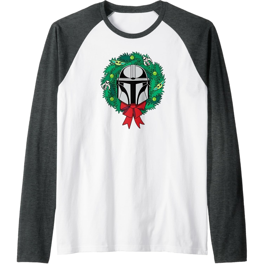 image:imageAmazon Essentials The Mandalorian Helmet Holiday Christmas Wreath Raglan Baseball TeeDark Heather GreyWhite