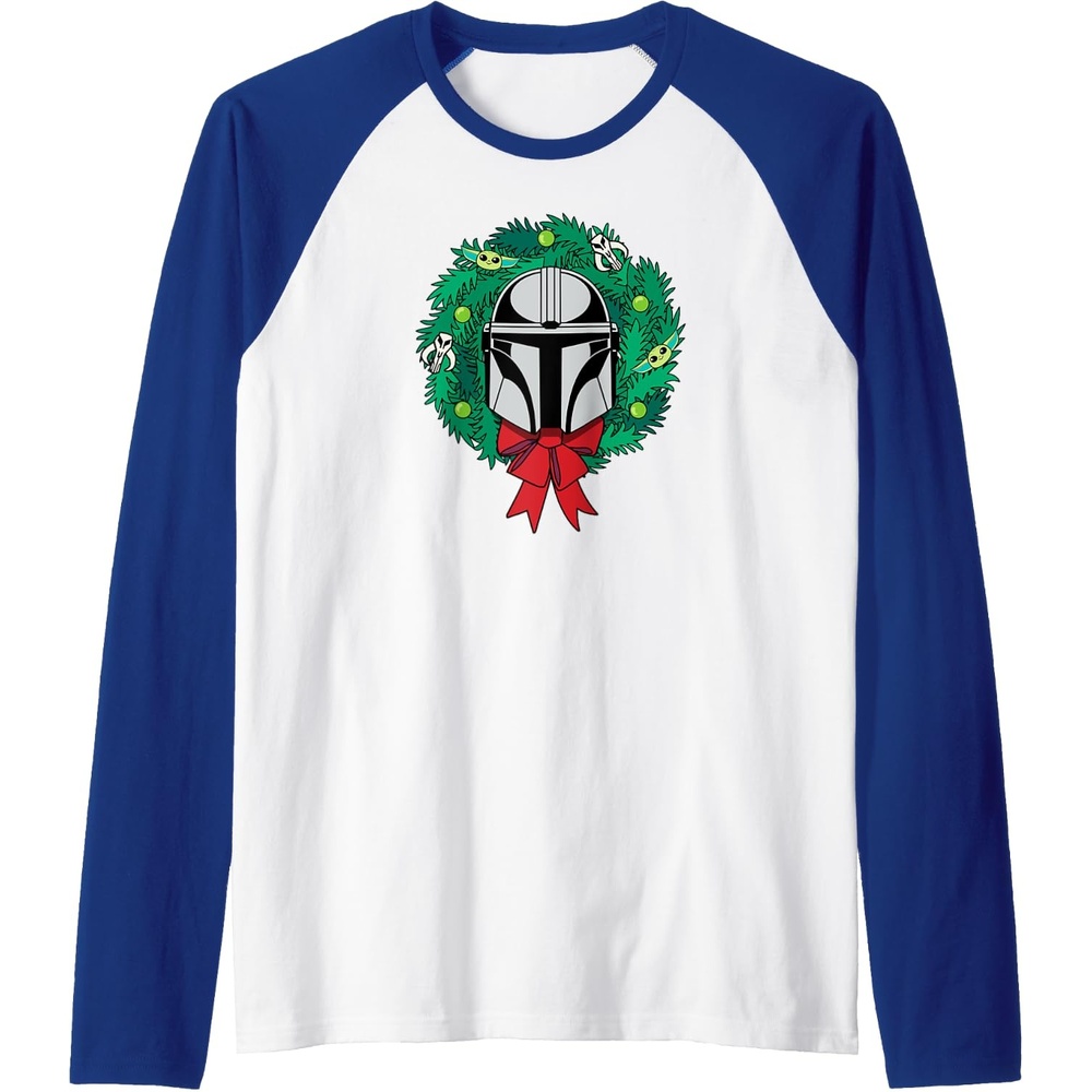 image:imageAmazon Essentials The Mandalorian Helmet Holiday Christmas Wreath Raglan Baseball TeeRoyal BlueWhite