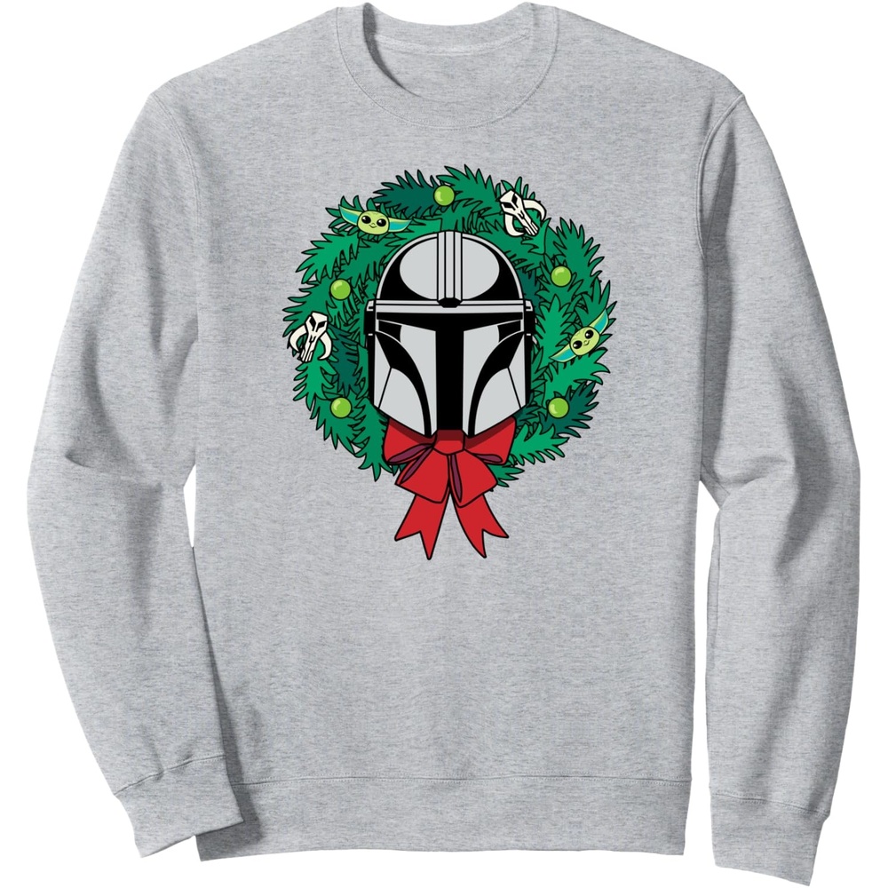 image:imageAmazon Essentials The Mandalorian Helmet Holiday Christmas Wreath SweatshirtHeather Grey