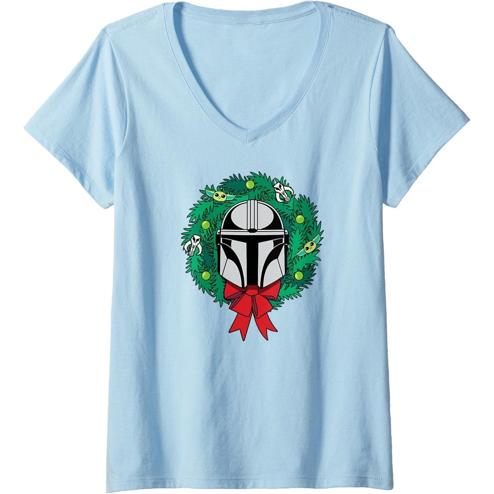 image:imageAmazon Essentials The Mandalorian Helmet Holiday Christmas Wreath VNeck TShirtBaby Blue