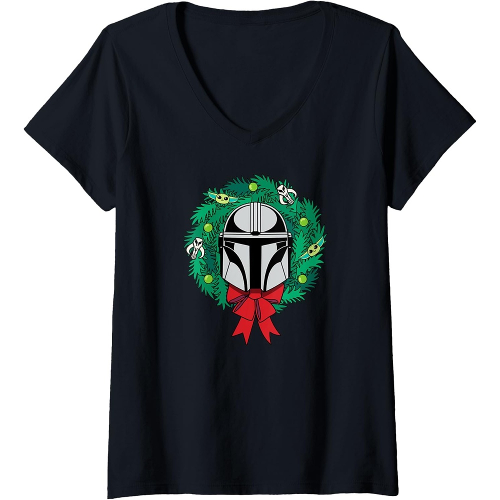 image:imageAmazon Essentials The Mandalorian Helmet Holiday Christmas Wreath VNeck TShirtBlack