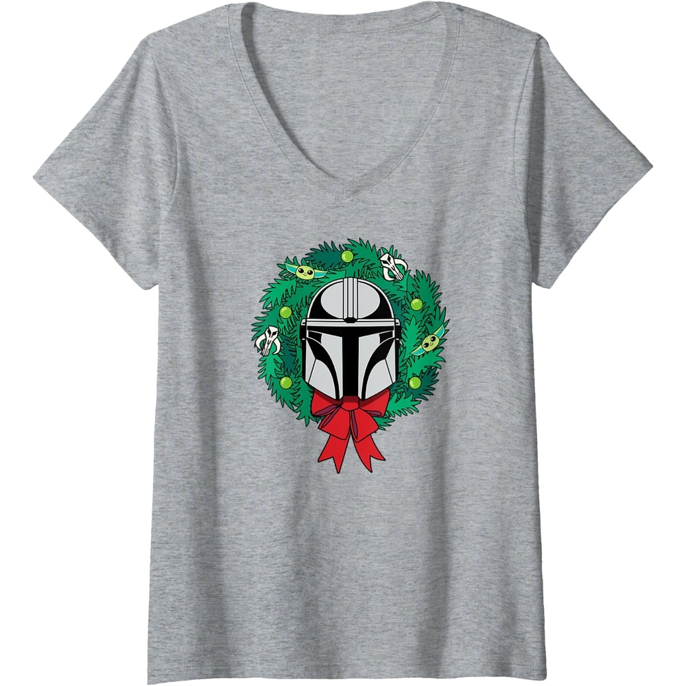 image:imageAmazon Essentials The Mandalorian Helmet Holiday Christmas Wreath VNeck TShirtHeather Grey