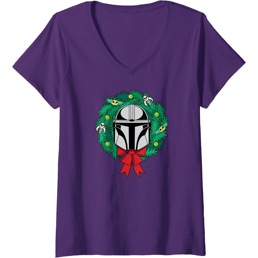image:imageAmazon Essentials The Mandalorian Helmet Holiday Christmas Wreath VNeck TShirtPurple