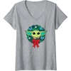 Amazon Essentials The Mandalorian Grogu Holiday Christmas Wreath V-Neck T-Shirt(Heather Grey)