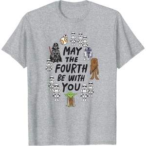 Amazon Essentials Boys’ May the Fourth Be With You Doodle Characters T-Shirt, White, Small(Heather Grey)