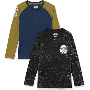 Amazon Essentials Disney | Marvel | Star Wars Boys and Toddlers’ Soft Cotton Long-Sleeve Henley T-Shirts, Pack of 2(2-pack Star Wars Icons)