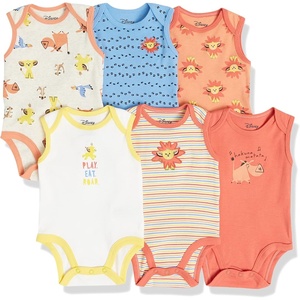 Amazon Essentials Disney | Marvel | Star Wars Unisex Babies’ Sleeveless Cotton Knit Bodysuits, Pack of 6(Lion King Play Eat Roar)