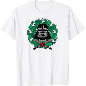 Amazon Essentials Men’s Darth Vader Helmet Holiday Christmas Wreath T-Shirt, Star Wars Darth, Small(White)