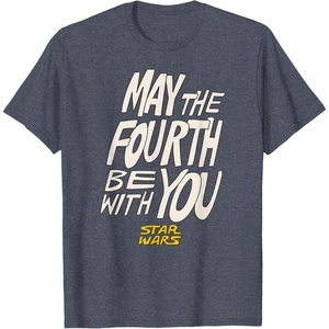 Amazon Essentials Men’s May the Fourth Be With You Hand-Drawn Letters T-Shirt, Black, Small(Heather Blue)
