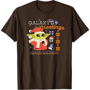 Amazon Essentials Men’s The Mandalorian Grogu Christmas Holiday Galaxy’s Greetings T-Shirt, Black Graphic Print, Small(Brown)