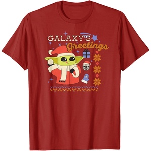 Amazon Essentials Men’s The Mandalorian Grogu Christmas Holiday Galaxy’s Greetings T-Shirt, Black Graphic Print, Small(Cranberry Red)