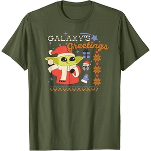 Amazon Essentials Men’s The Mandalorian Grogu Christmas Holiday Galaxy’s Greetings T-Shirt, Black Graphic Print, Small(Olive Green)