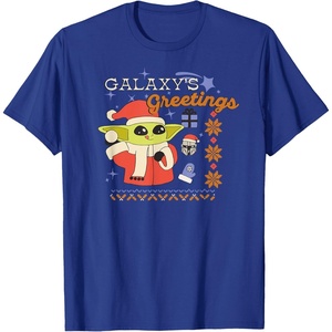 Amazon Essentials Men’s The Mandalorian Grogu Christmas Holiday Galaxy’s Greetings T-Shirt, Black Graphic Print, Small(Royal Blue)