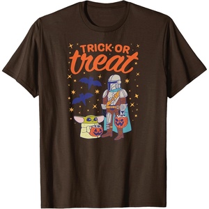 Amazon Essentials Men’s The Mandalorian Grogu Halloween Trick or Treat T-Shirt, Black Graphic Print, Small(Brown)