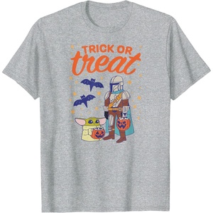 Amazon Essentials Men’s The Mandalorian Grogu Halloween Trick or Treat T-Shirt, Black Graphic Print, Small(Heather Grey)