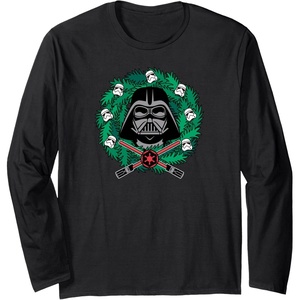Amazon Essentials Star Wars Darth Vader Helmet Holiday Christmas Wreath Long Sleeve T-Shirt(Black)
