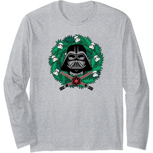 Amazon Essentials Star Wars Darth Vader Helmet Holiday Christmas Wreath Long Sleeve T-Shirt(Heather Grey)