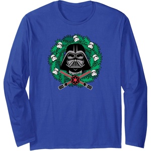 Amazon Essentials Star Wars Darth Vader Helmet Holiday Christmas Wreath Long Sleeve T-Shirt(Royal Blue)