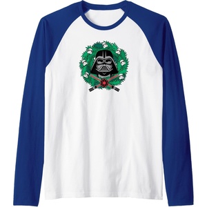 Amazon Essentials Star Wars Darth Vader Helmet Holiday Christmas Wreath Raglan Baseball Tee(Royal Blue/White)