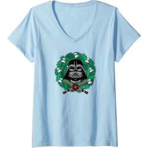 Amazon Essentials Star Wars Darth Vader Helmet Holiday Christmas Wreath V-Neck T-Shirt(Baby Blue)
