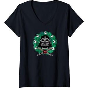 Amazon Essentials Star Wars Darth Vader Helmet Holiday Christmas Wreath V-Neck T-Shirt(Black)