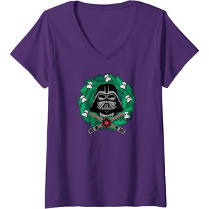 Amazon Essentials Star Wars Darth Vader Helmet Holiday Christmas Wreath V-Neck T-Shirt(Purple)