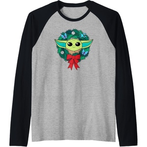 Amazon Essentials The Mandalorian Grogu Holiday Christmas Wreath Raglan Baseball Tee(Black/Athletic Heather)