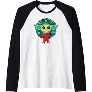 Amazon Essentials The Mandalorian Grogu Holiday Christmas Wreath Raglan Baseball Tee(Black/White)