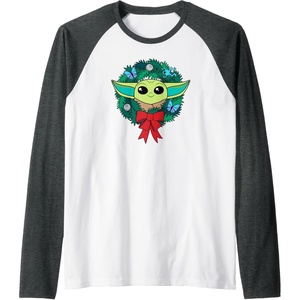Amazon Essentials The Mandalorian Grogu Holiday Christmas Wreath Raglan Baseball Tee(Dark Heather Grey/White)