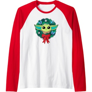 Amazon Essentials The Mandalorian Grogu Holiday Christmas Wreath Raglan Baseball Tee(Red/White)